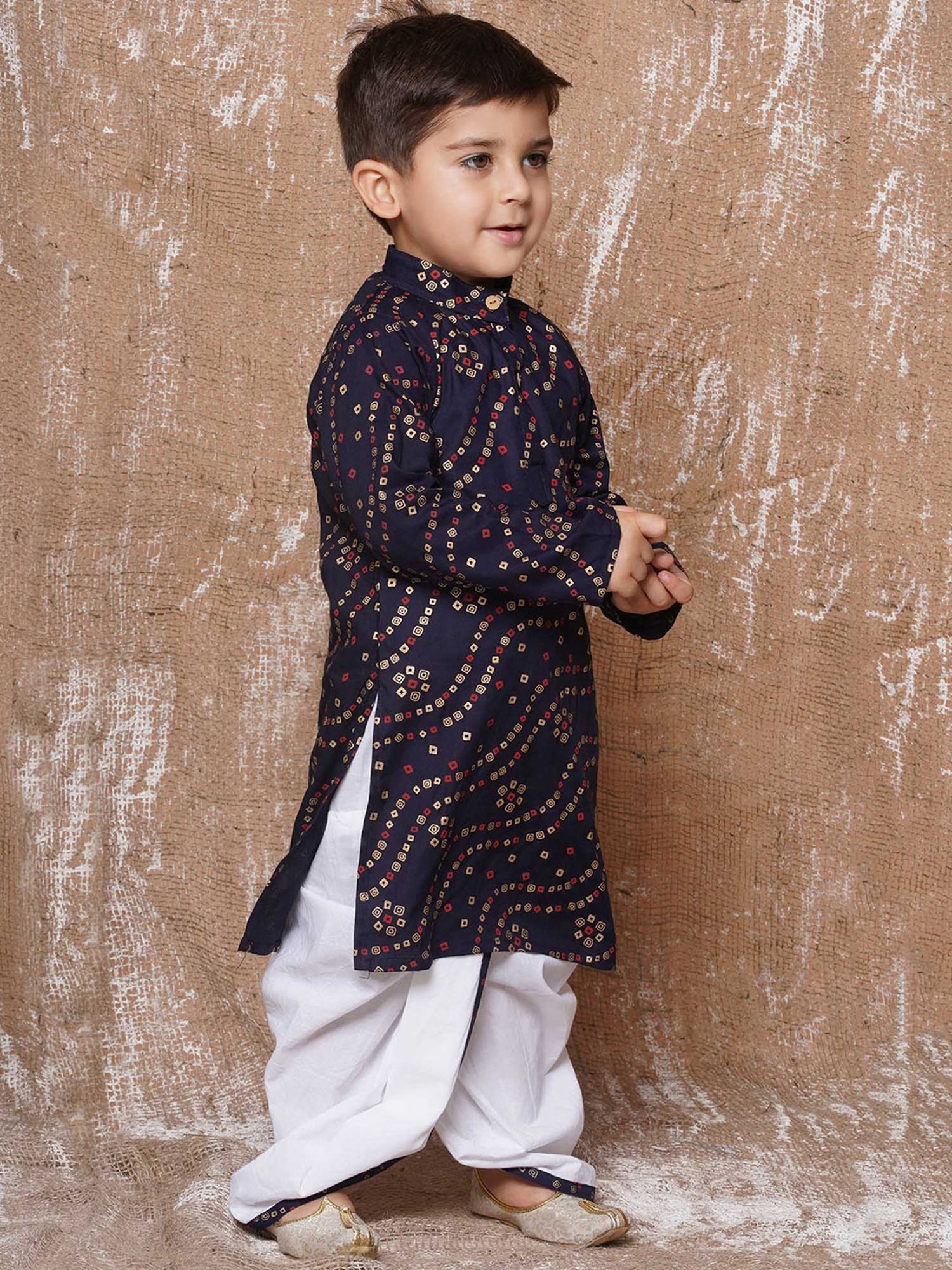 AJ Dezines Kids Navy & White Printed Full Sleeves Kurta with Dhoti