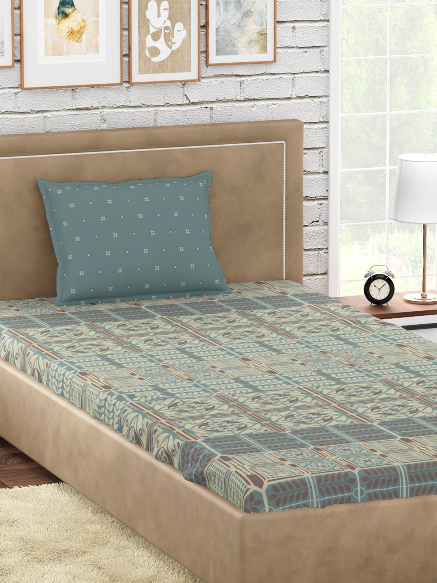 Petal Home Strasbourg Floral Blue 300 TC Cotton Single Bed Sheet with 1 Pillow Cover