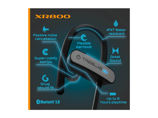 TREBLAB XR800 - Premium Sport Earphones Bluetooth - Secure-Fit IPX7 Wireless Waterproof Earbuds for Running & Workout. Top True-HD Stereo Sound, Noise Cancelling, Microphone, 2019 Sport Headphones