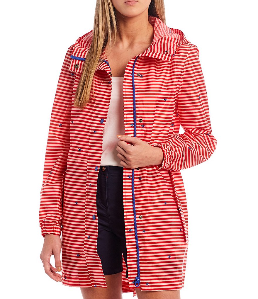 Joules Golightly Stand Collar Hooded Hi-Low Hem Striped Jacket