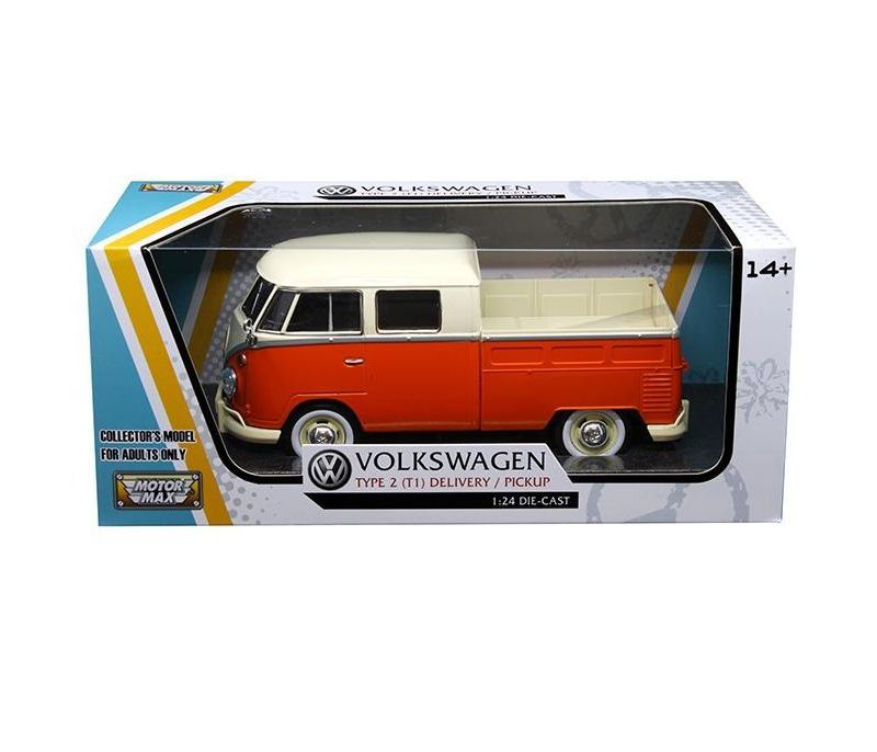 Volkswagen Type 2 (T1) Double Cab Pickup Truck Orange/Cream 1/24 Diecast Model Car by Motormax