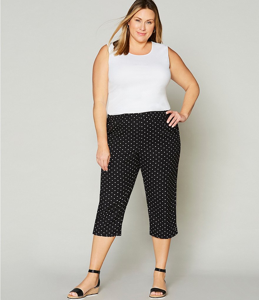 Allison Daley Plus Size Polka Dot Print Microfiber Twill Silver Ring Embellished Hem Detail Capri