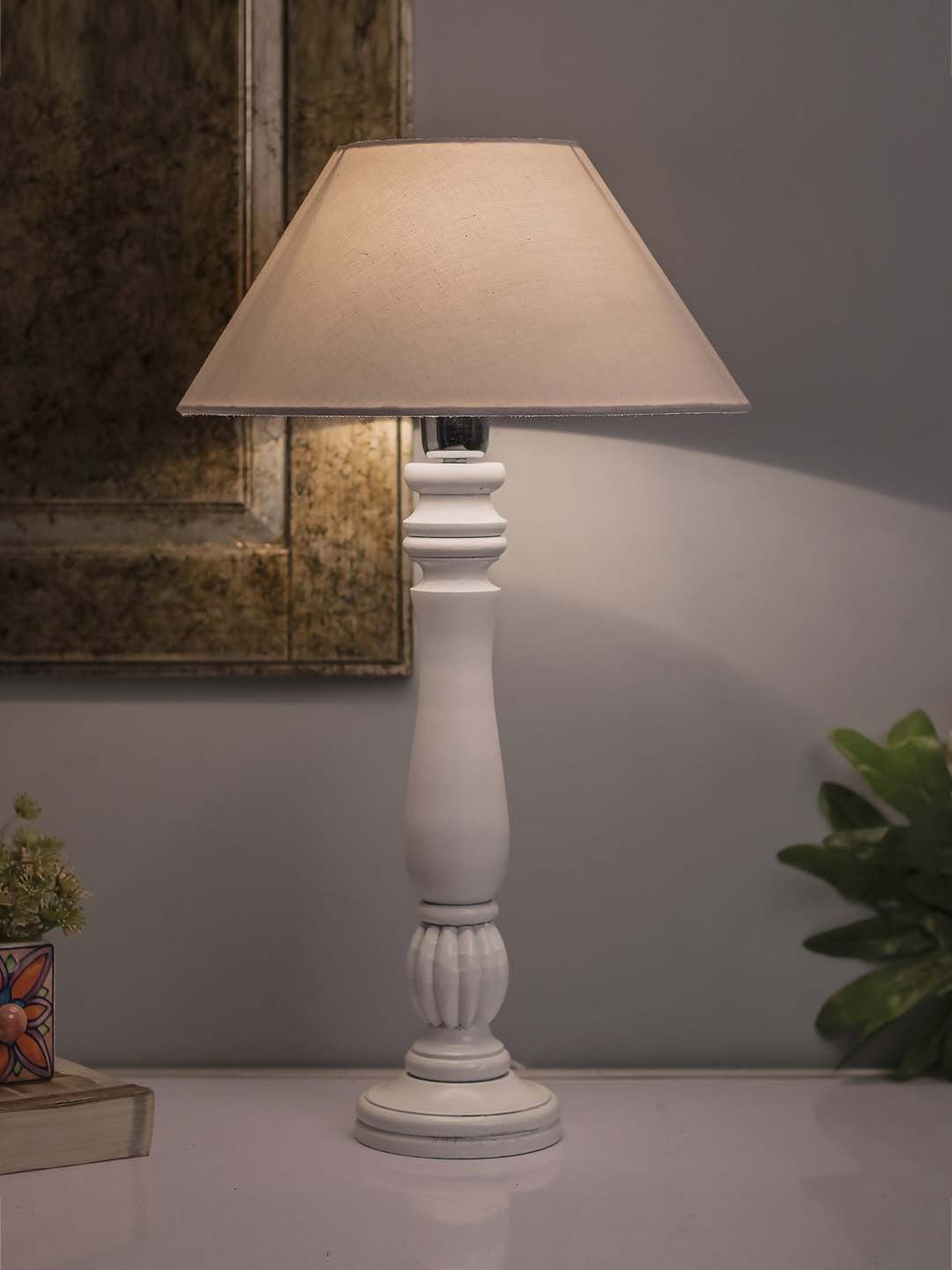 Homesake White Classic Victorian Wood Table Lamp with White Shade (Bulb Included) - Set of 1