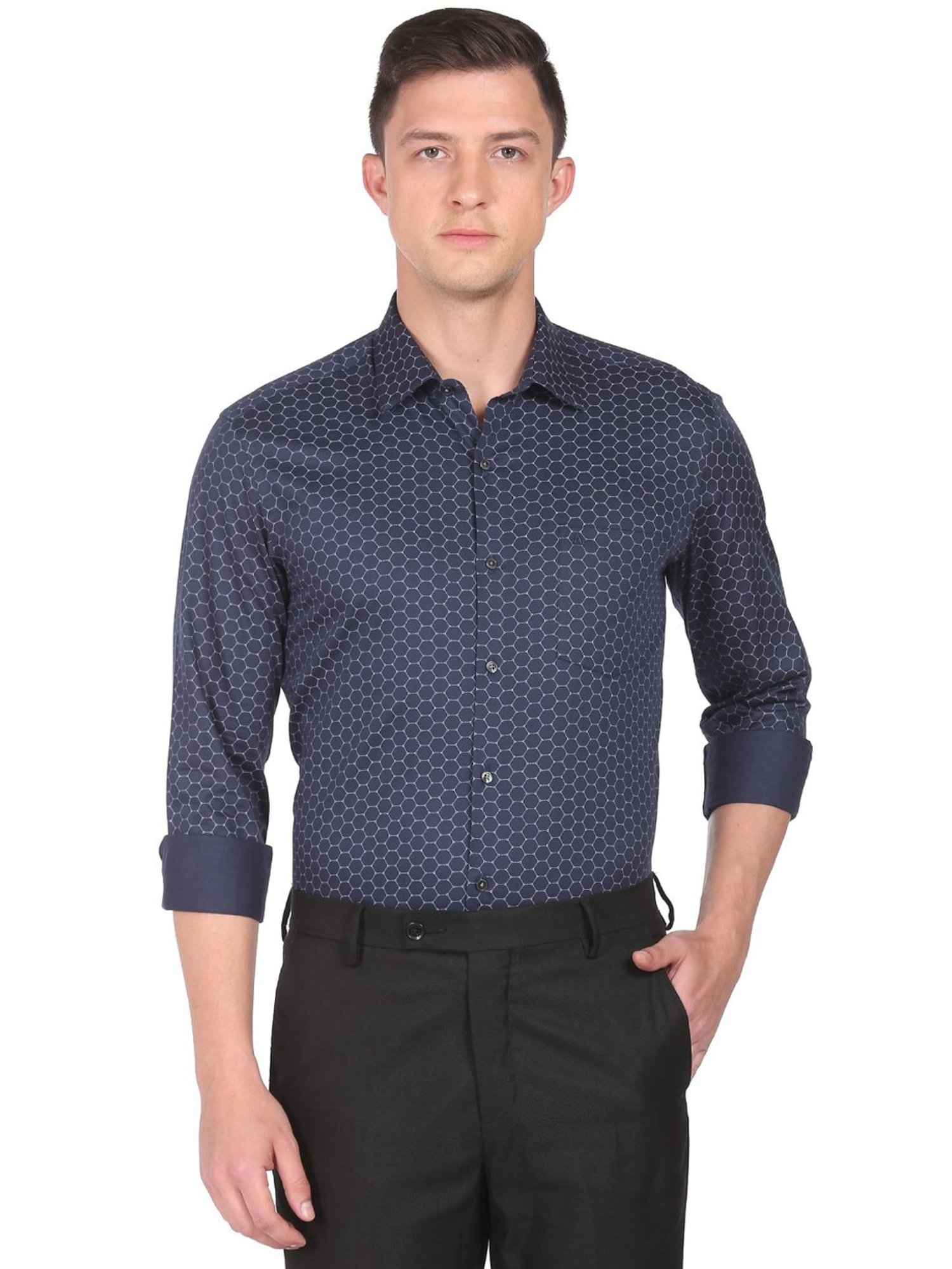 Arrow Navy Blue Cotton Slim Fit Printed Shirt