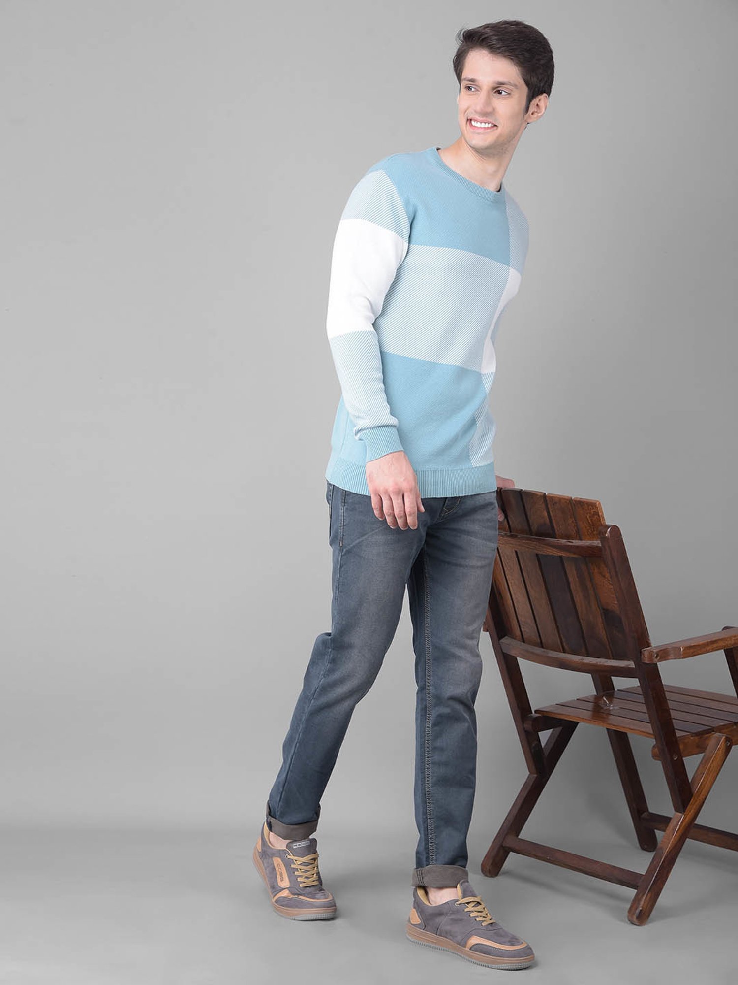 Crimsoune Club Blue Cotton Regular Fit Checks Sweater