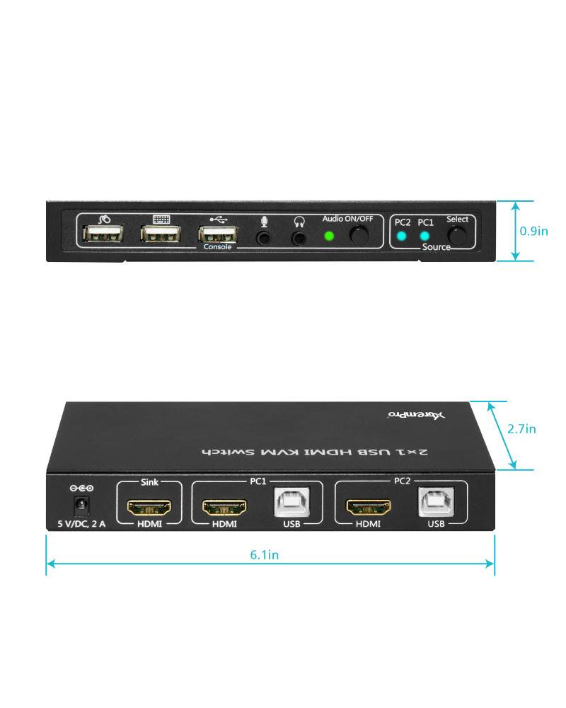 XtremPro 2x1KVM HDMI Port 1.4 & USB Type B w/2 Channels Switch w/USB Type A 2.0 Keyboard, Mouse, Console, Audio & Microphone Port for Window, Mac, Linux, Game consoles, DVD etc- Black (61076)