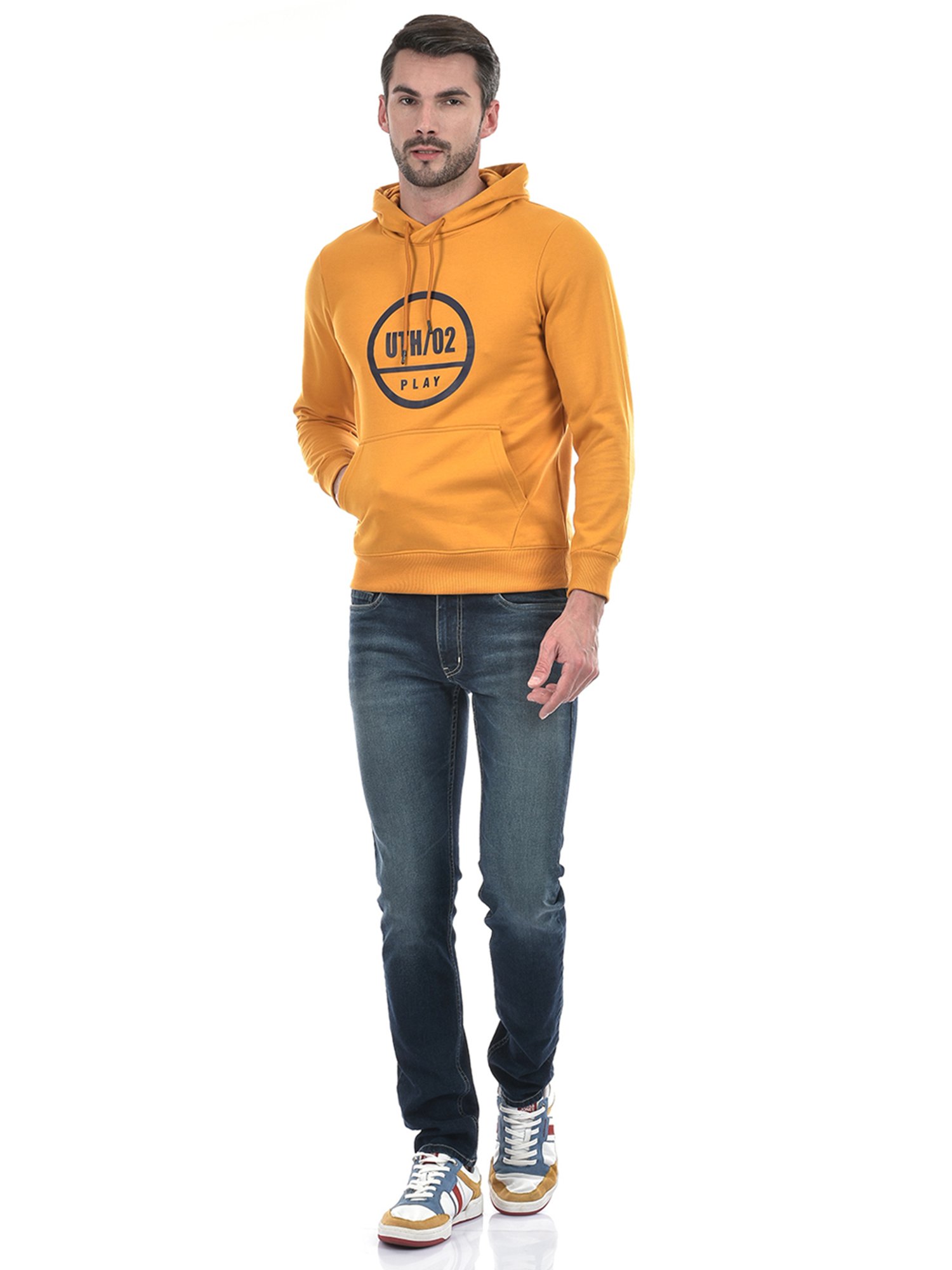 Integriti Mustard Regular Fit Printed Hooded Sweatshirt