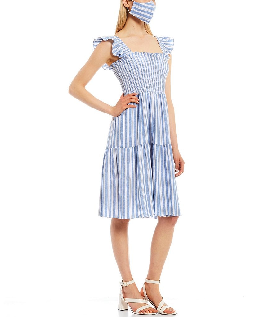Eliza J Smock Stripe Flutter Cap Sleeve Square Neck Tiered Dress