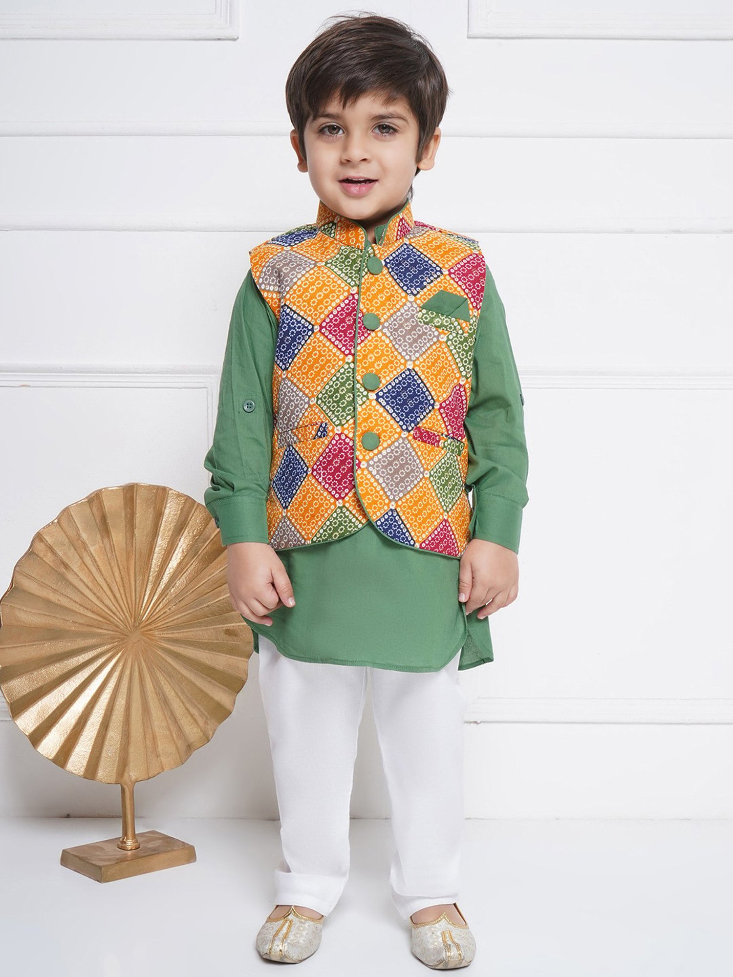 AJ Dezines Kids Multicolor Printed Full Sleeves Kurta, Pyjamas with Waistcoat