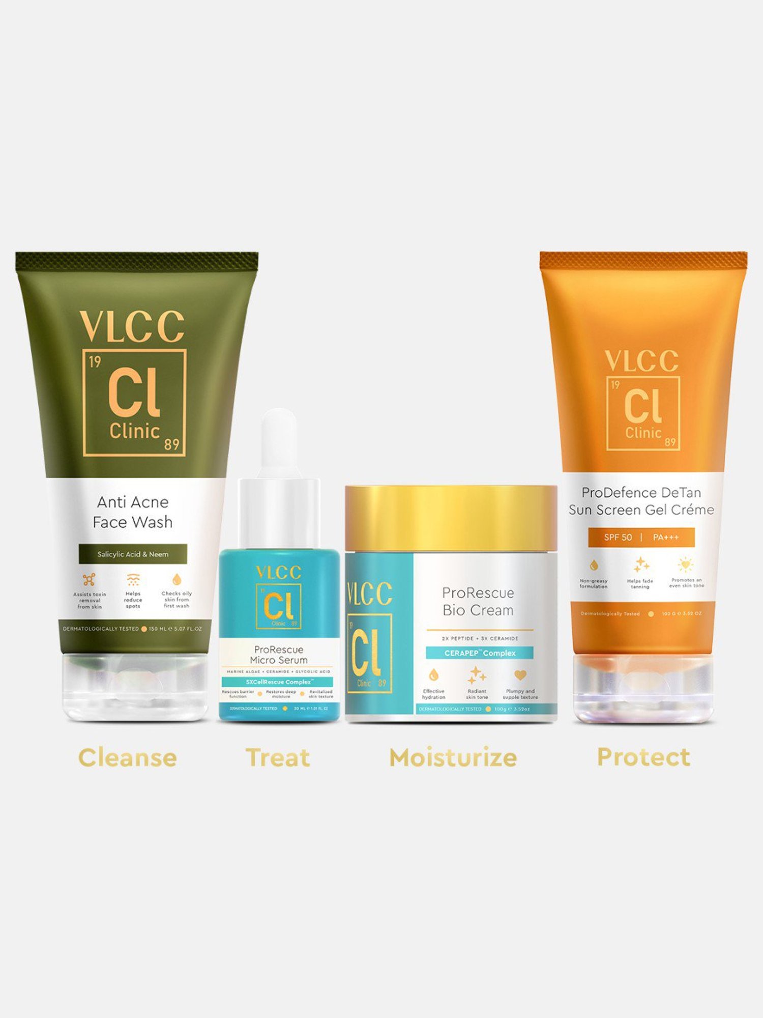 VLCC Clinic Anti Acne Face Wash, DeTan Sun Screen, ProRescue Micro Serum & Bio Cream Combo
