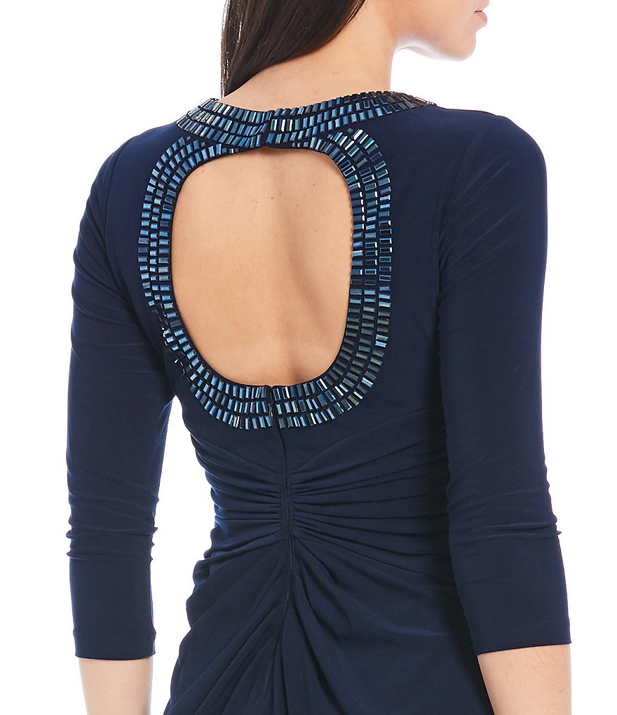 Adrianna Papell Beaded Round Neck 3/4 Sleeve Twist Front Jersey Gown