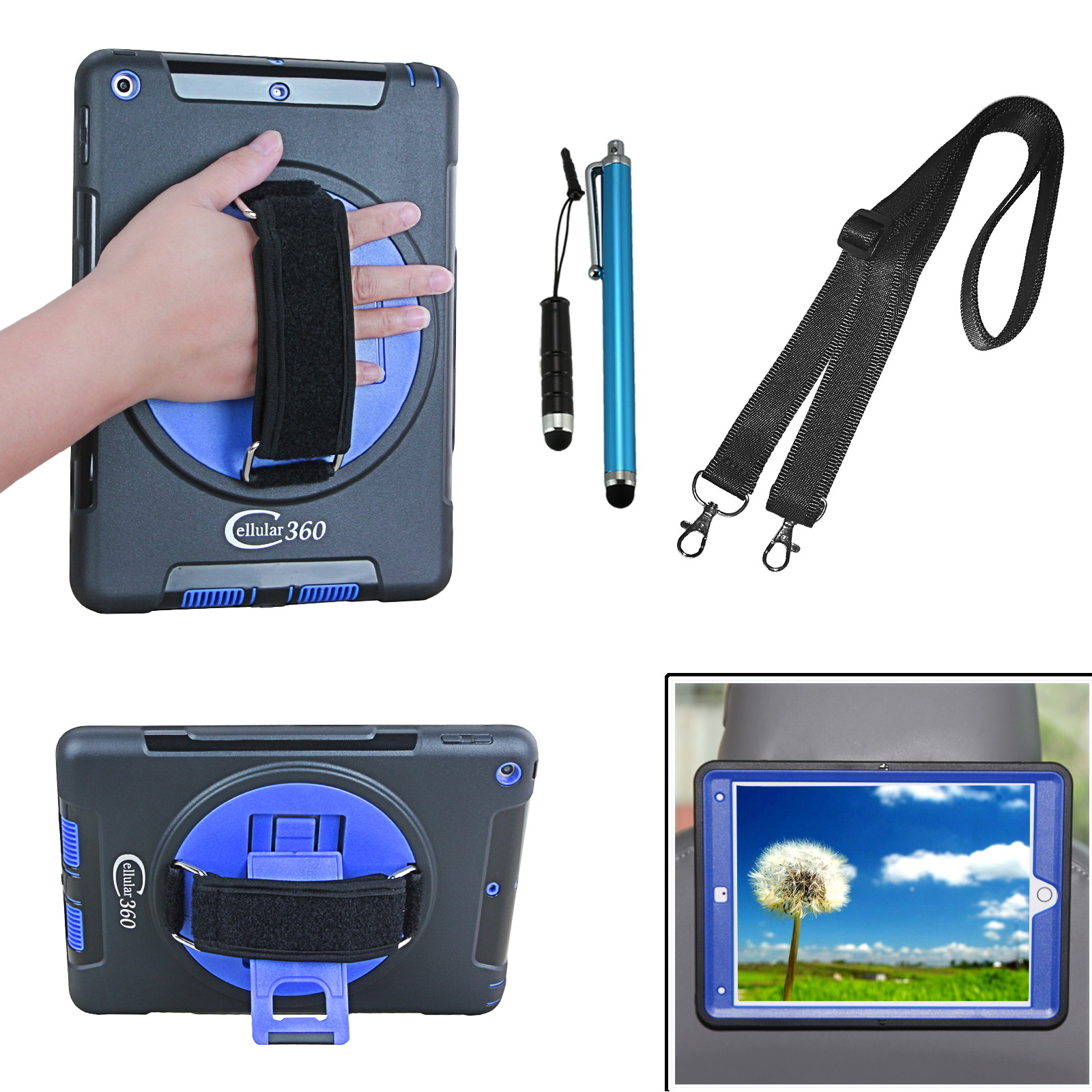 Cellular360 Apple iPad 9.7 2017 2018, iPad 5th Gen., iPad 6th Gen. Shockproof Case with 360 Degrees Rotatable Kickstand, Adjustable Handle and Shoulder Strap