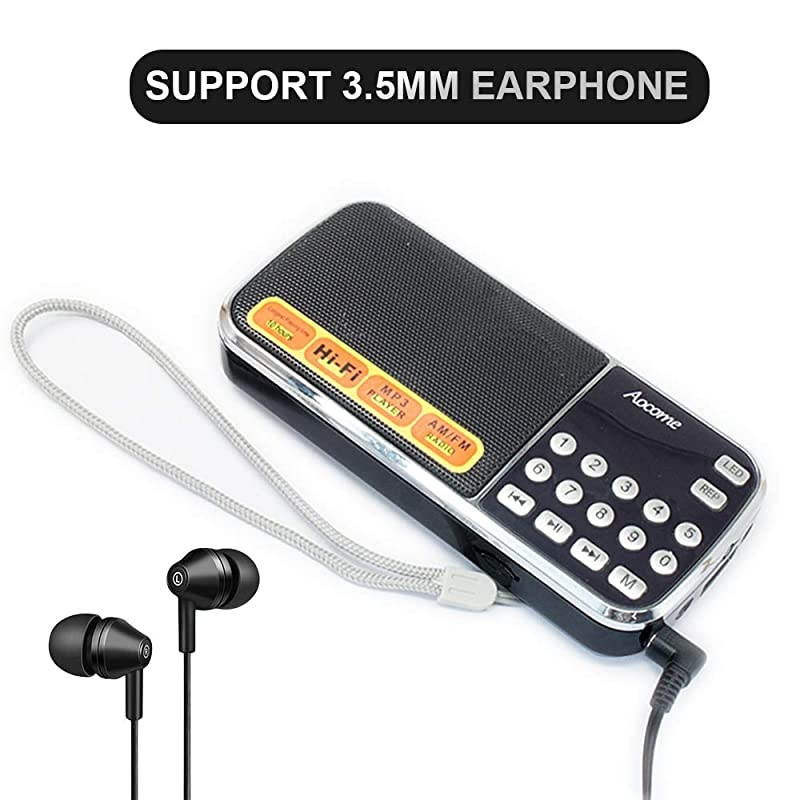 Mini Radio Portable AMFM  Rechargeable Radio High Powered Speaker Music Player Support Micro SDTF Auto Scan Save USB Transmit Data LED Display and Headphone Jack Function BM8 Black