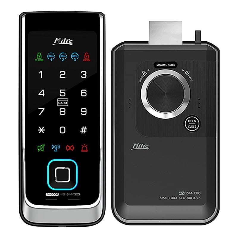 MI-500F Digital Rim Lock, Biometric Fingerprint, Notification Lamps, Double Locking, Manager Mode, Trespass Alarm, Battery Alarm, High Temperature Warning