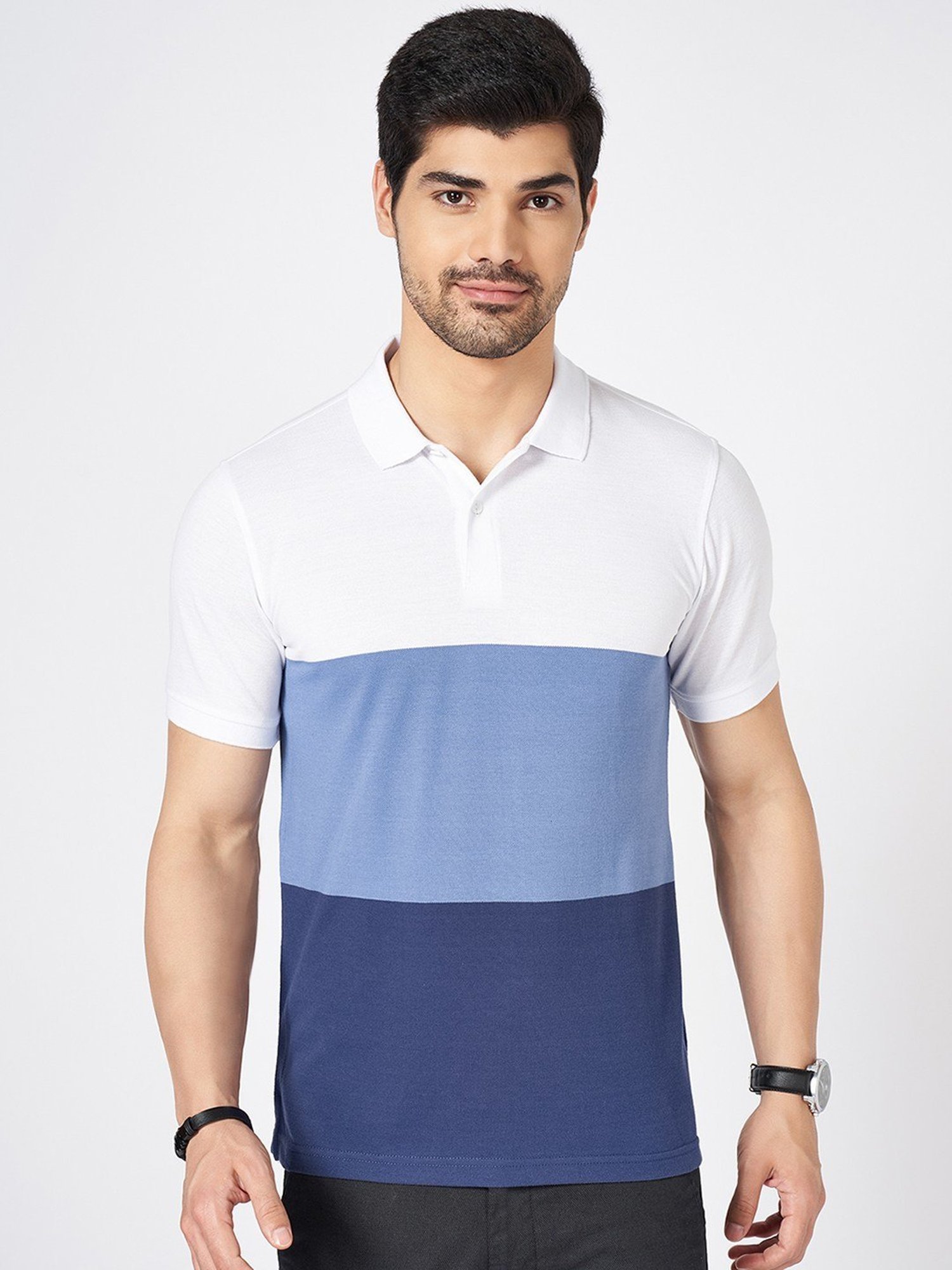 Byford By Pantaloons Blue Slim Fit Colour Block Polo T-Shirt
