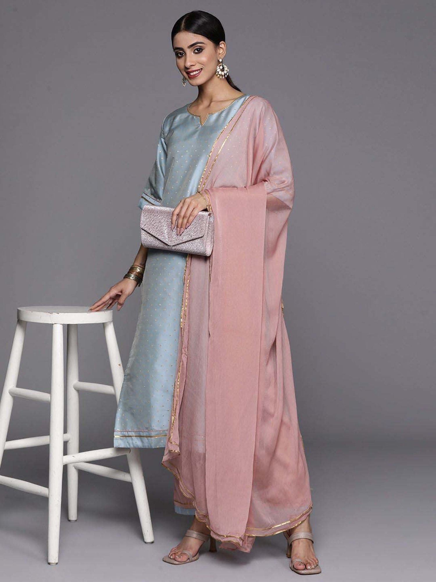 Libas Blue & Pink Printed Kurta Pant Set With Dupatta