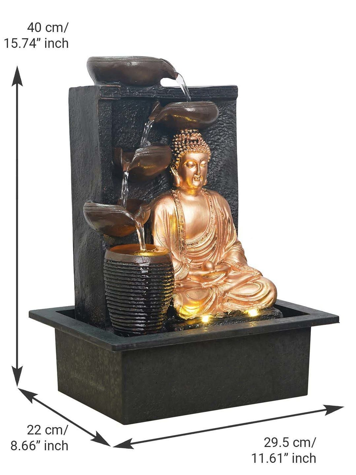 CHRONIKLE Golden Brown Polyresin Meditating Buddha 4 Steps Waterfall Fountain