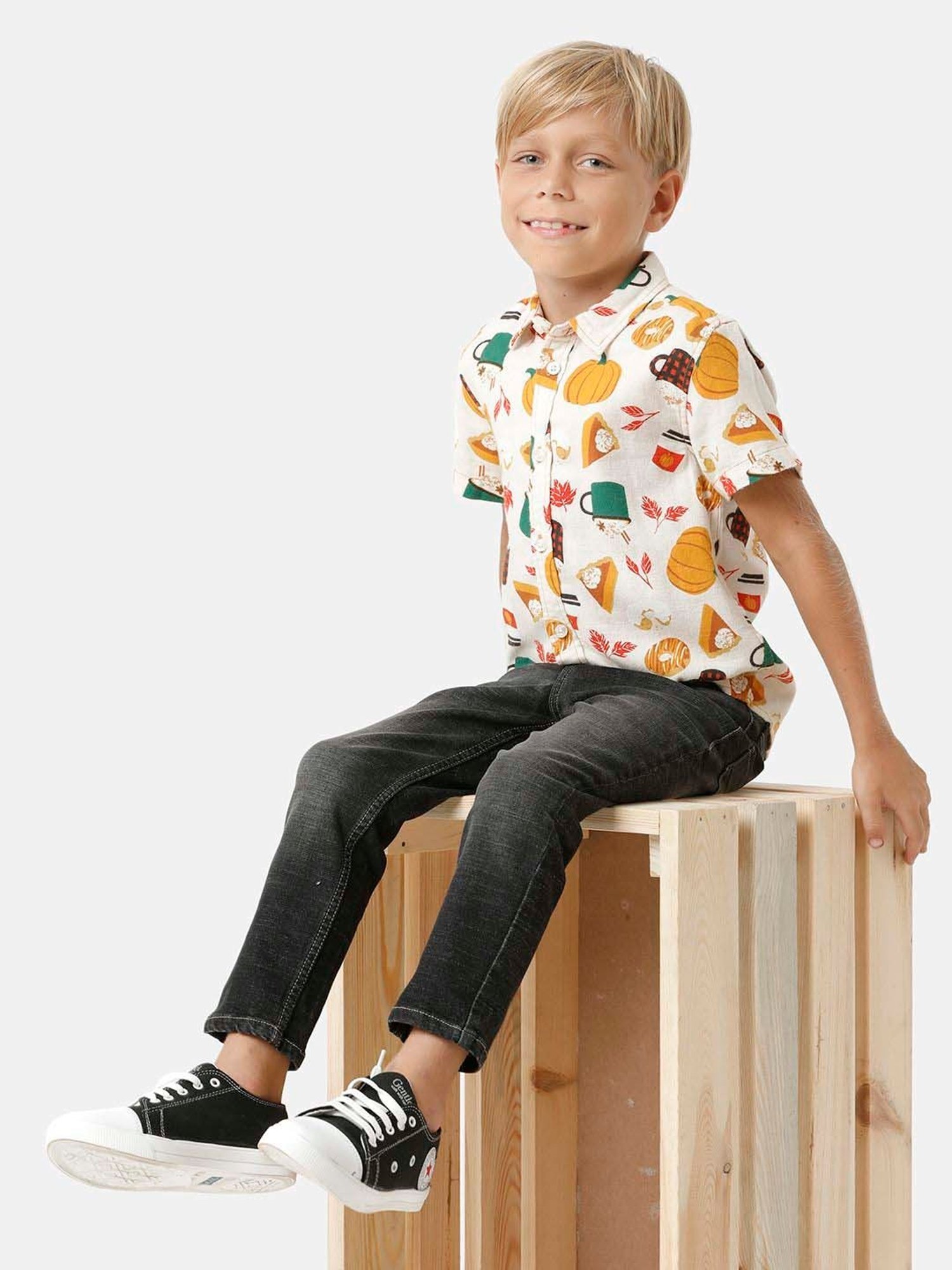 Kate & Oscar Kids White & Yellow Cotton Printed Shirt