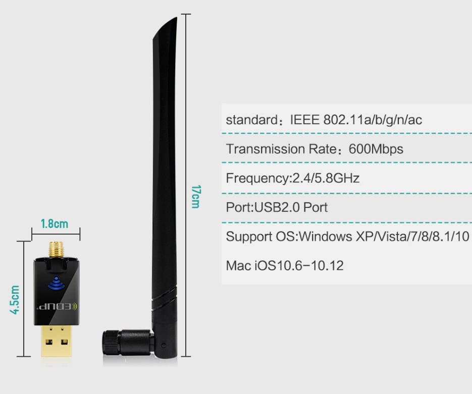 EDUP Wifi Adapter Ac600Mbps Wireless Usb Adapter 5ghz /2.4ghz Dual Band 600mbps Usb Adapter 2dBi External Antennas Supports Windows Xp Win Vista Win 7 Win 8.1 Win 10 Mac Os