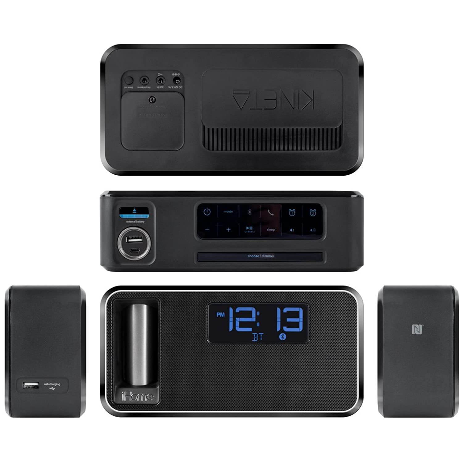 iHome iKN105BC Dual Charging Bluetooth Stereo Alarm Clock Radio/Speakerphone with NFC, Removable Power