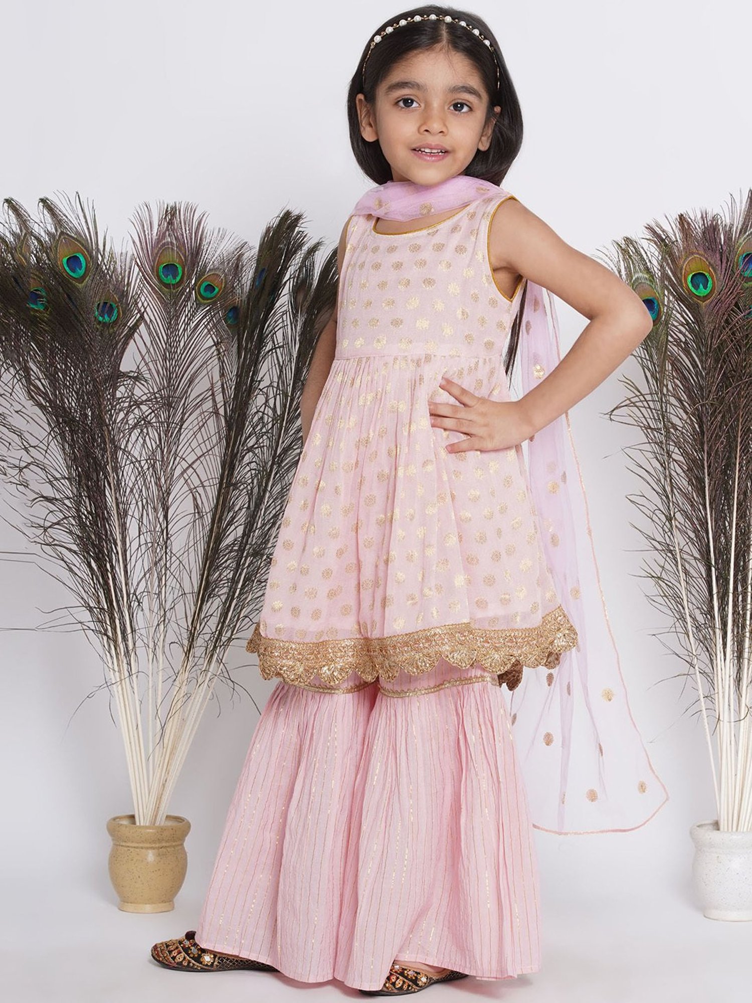 Little Bansi Kids Light Pink Floral Print Kurta, Sharara, with Dupatta
