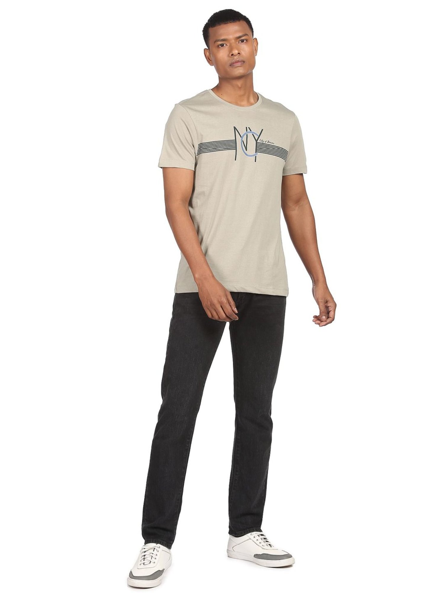 Arrow New York Light Olive Cotton Regular Fit Printed T-Shirt