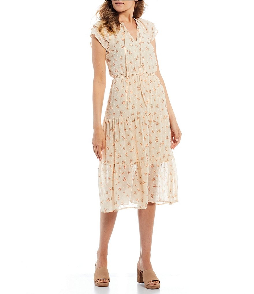 Blu Pepper Floral Swiss Dot Short-Sleeve Midi Dress