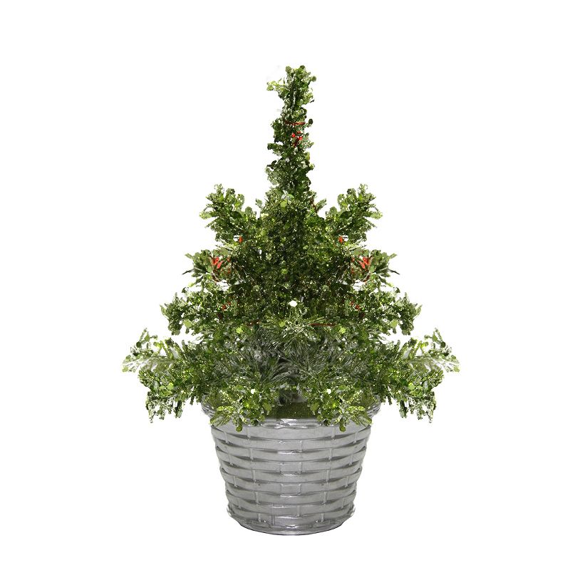 Penn 8" LED Lighted Battery Operated Table Top Green Tinsel Potted Christmas Tree - Red Lights