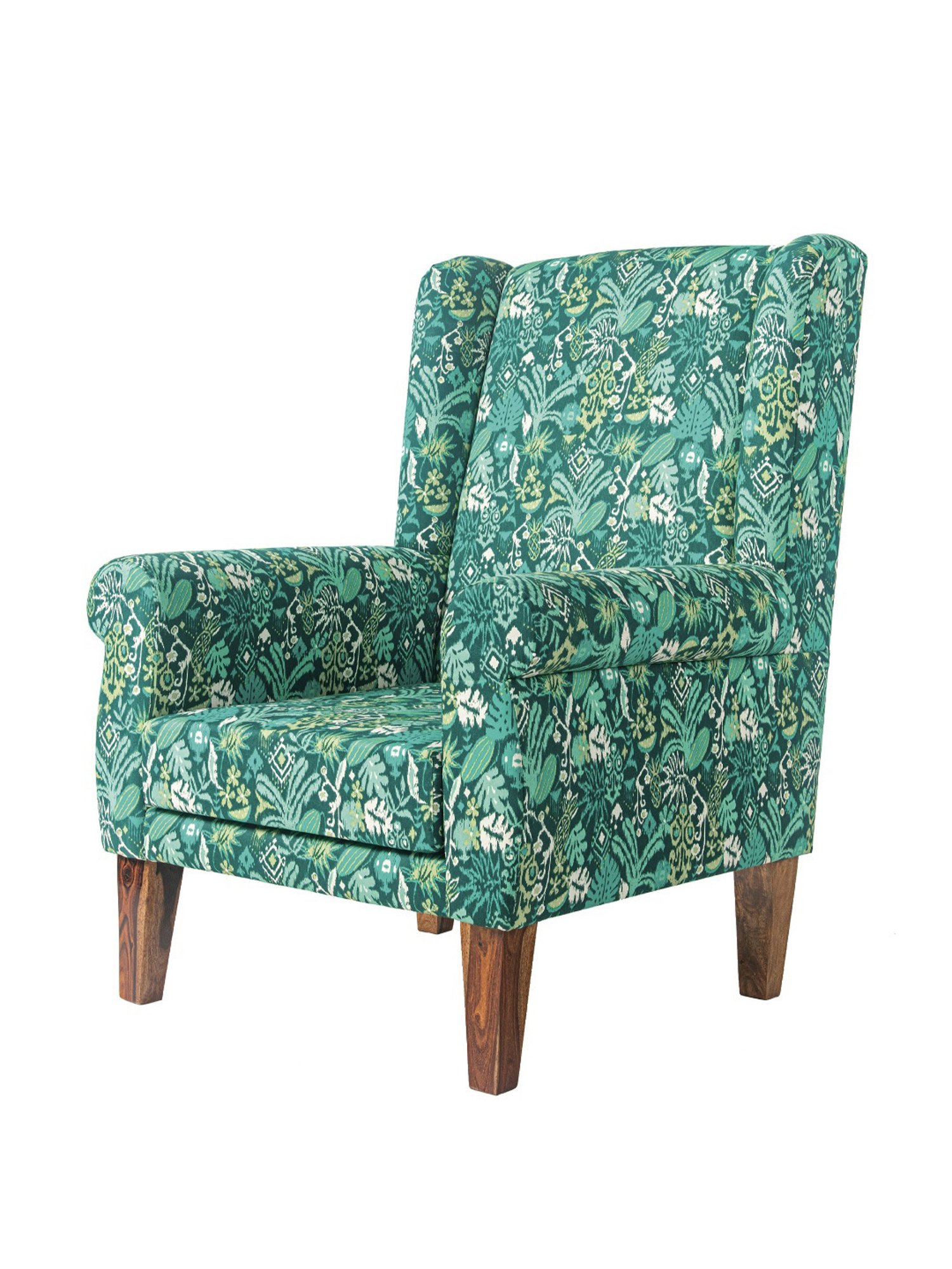 Chumbak Tropical Ikkat Floral Green Sheesham Wood Begum Wing Chair