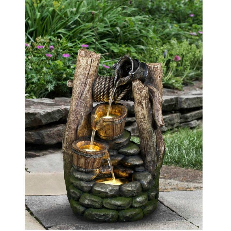 20" 2 Buckets Tiered Well Fountain with Pouring Pail and LED Lights Brown - Hi-Line Gift