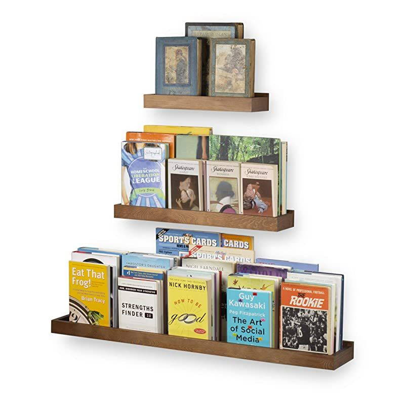 Philly Floating Shelves for Wall Wood Tray Bookshelf Set of 3 Walnut