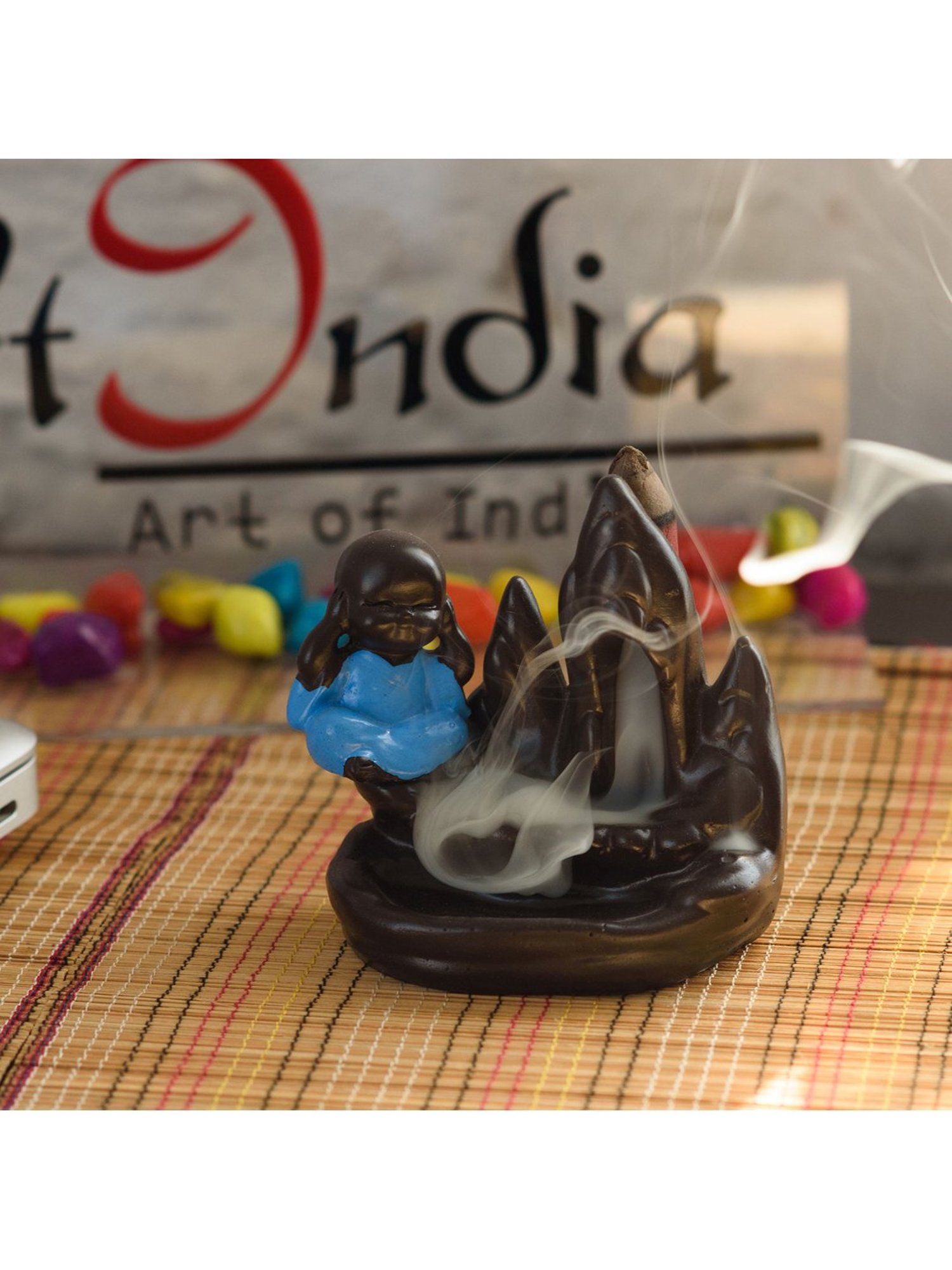 eCraftIndia Meditating Monk Buddha Smoke Fountain with 10 Backflow Cone Decorative Incense Holder