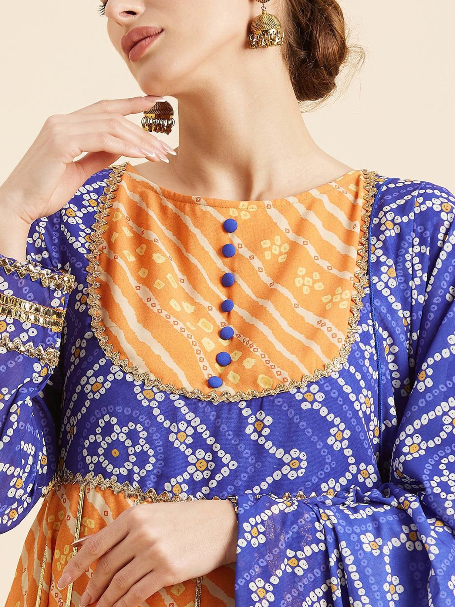 PANIT Orange & Blue Printed Ethnic Dress With Dupatta