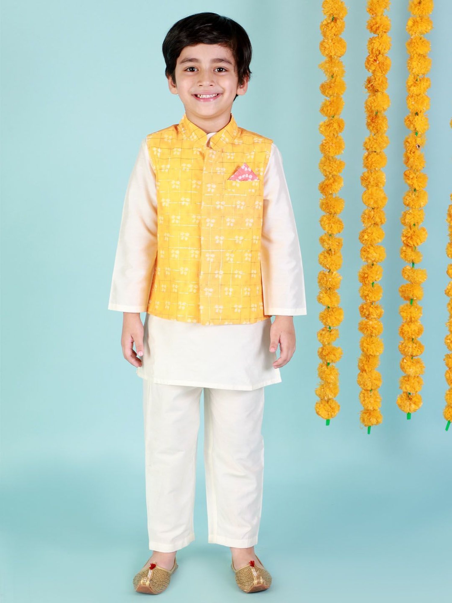 Lil Drama Kids White with Yellow Printed Full Sleeves Kurta, Jacket with Pyjamas