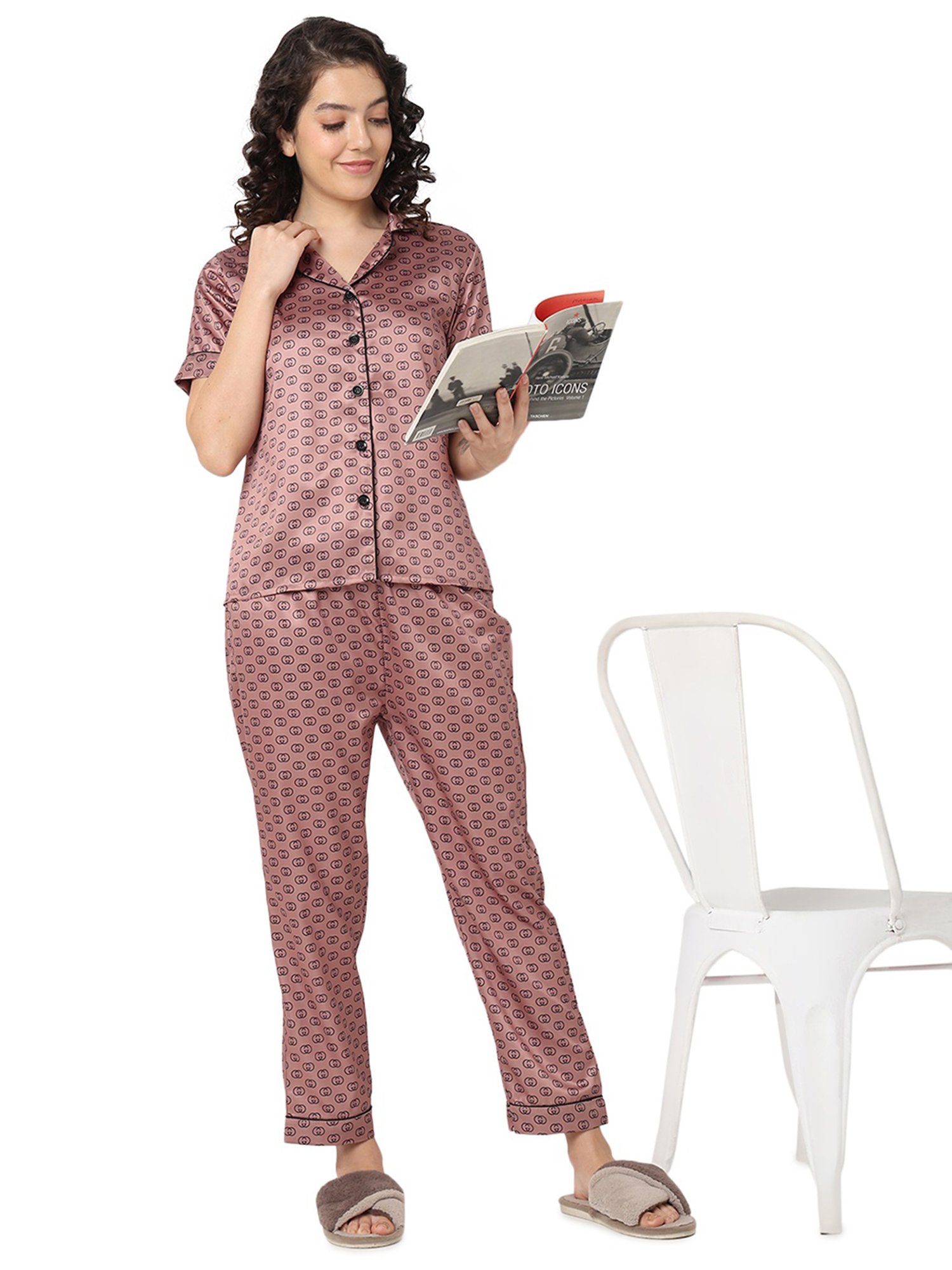 Smarty Pants Brown Satin Printed Shirt With Pyjamas