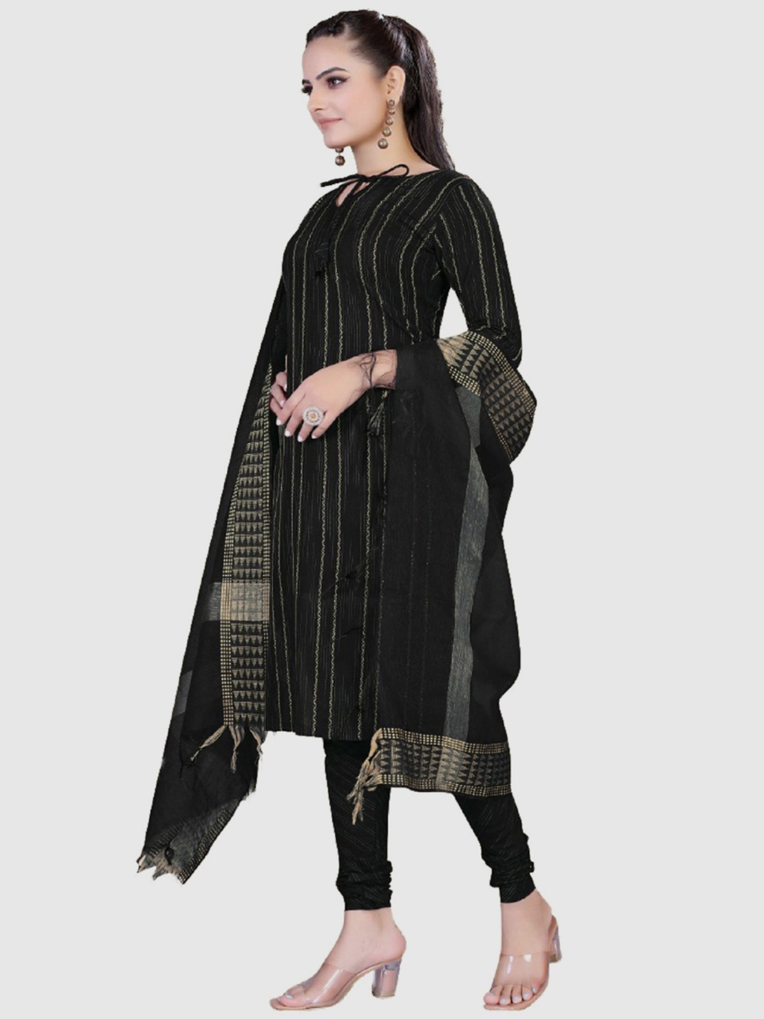 APNISHA Black Cotton Striped Unstitched Dress Material