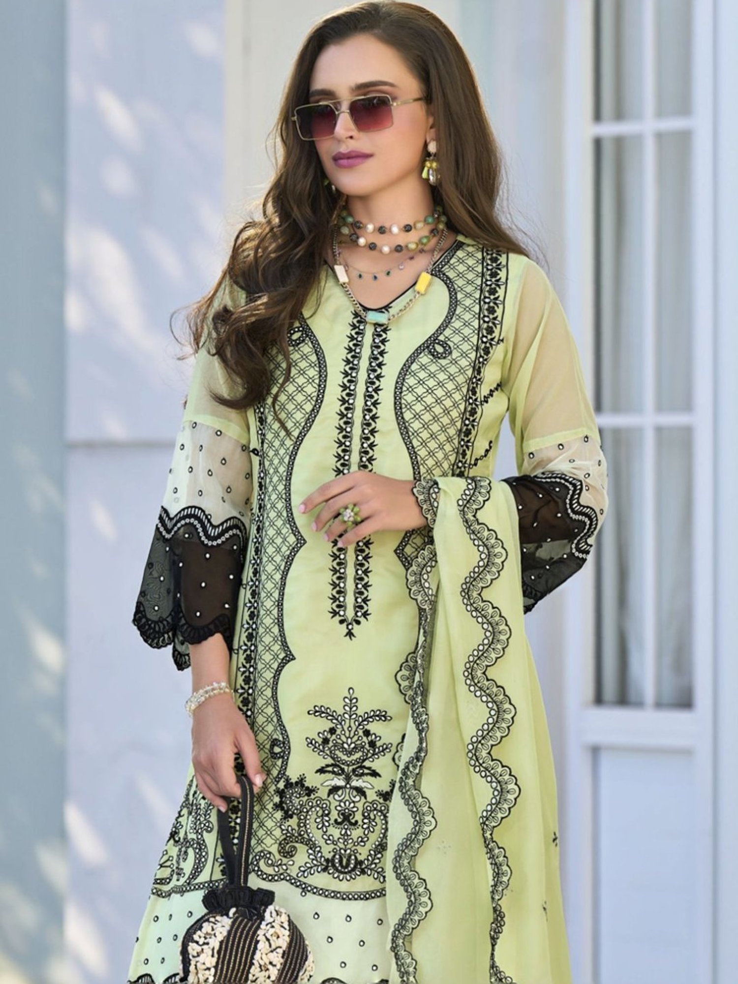 Autumnlane Black Neelima Mint Full Embroidered Heavy Pakistani Kurta with Pant and Dupatta