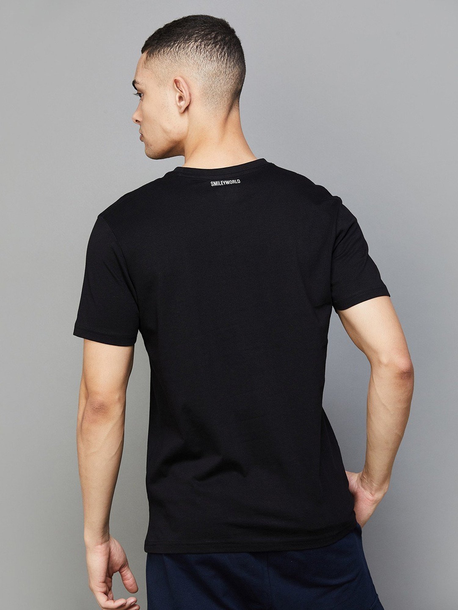Smileyworld Black Cotton Regular Fit Printed T-Shirt