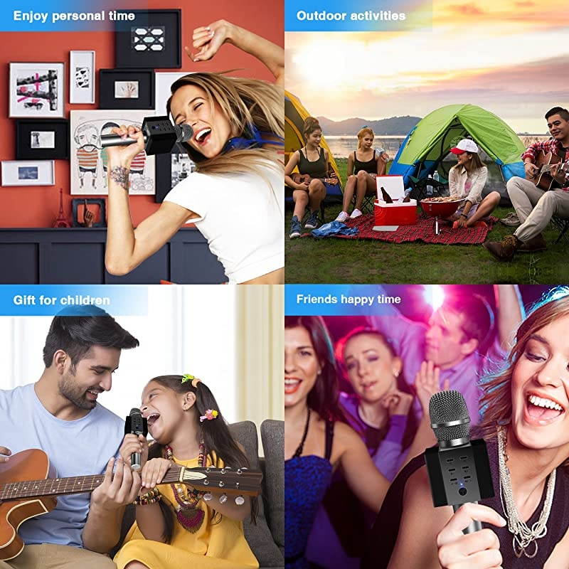 008 Wireless Bluetooth Karaoke Microphone,Louder Volume 10W Power, More Bass, 3-in-1 Portable Handheld Double Speaker Mic Machine for iPhone/Android/iPad/PC (Black)