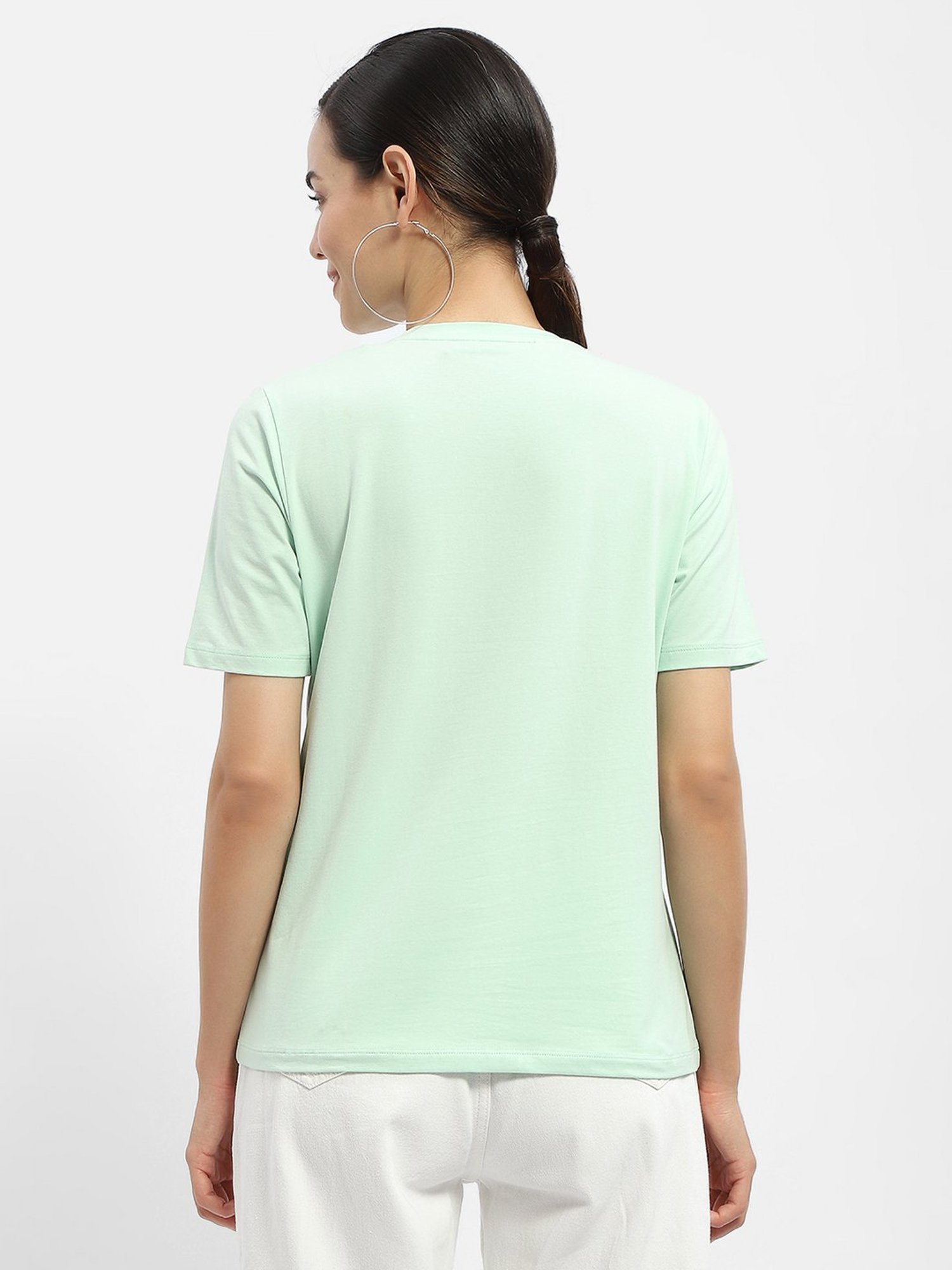 MADAME Mint Green Cotton Embellished T-Shirt