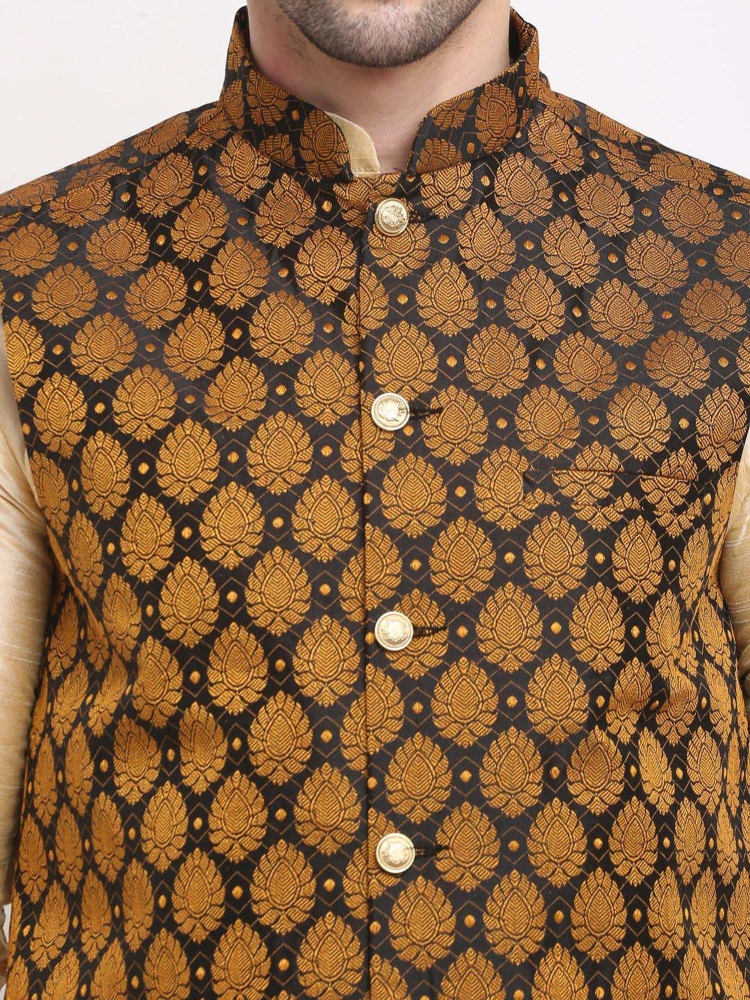 Jompers Black & Gold Regular Fit Embroidered Nehru Jacket