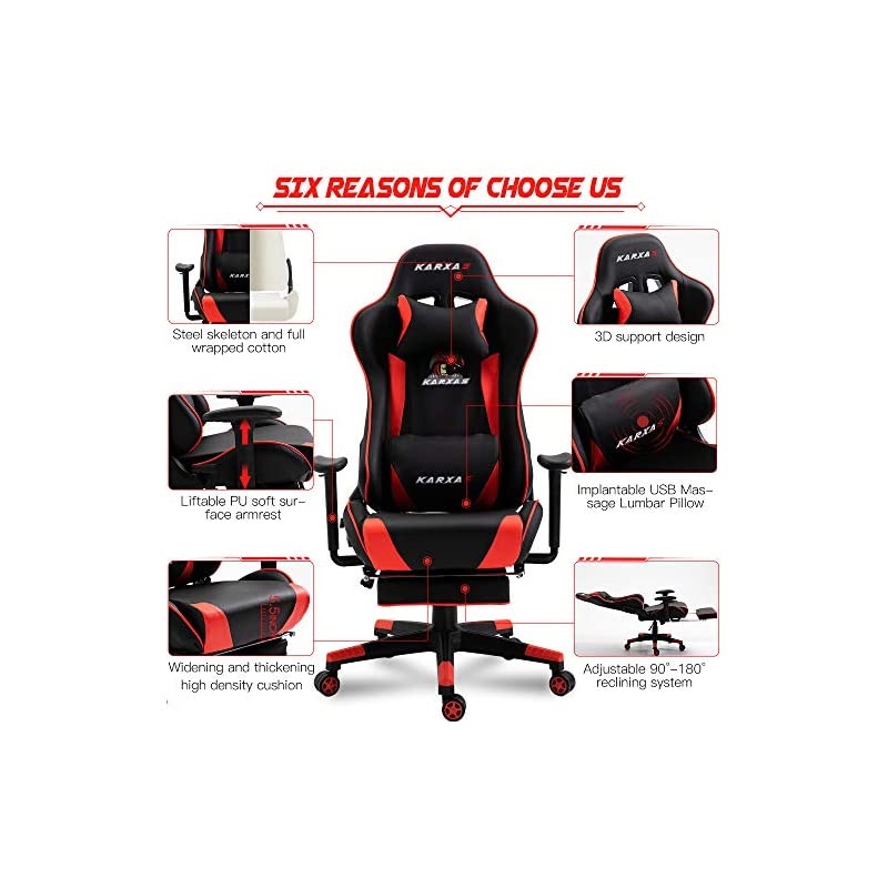 Ergonomic Gaming Chair High-Back Racing Style Gamer Chair PU Leather Height Adjustable Computer Desk Chair with Massage Lumbar Recliner Footrest and Headrest(Red)