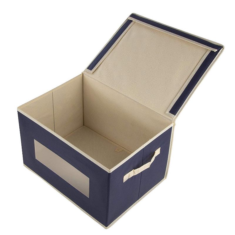 Juvale 3 Pack Collapsible Fabric Storage Bins Cubes, Decorative Foldable Boxes with Window & Lid - Navy Blue, Large, 16.25 x 12 x 10 Inches
