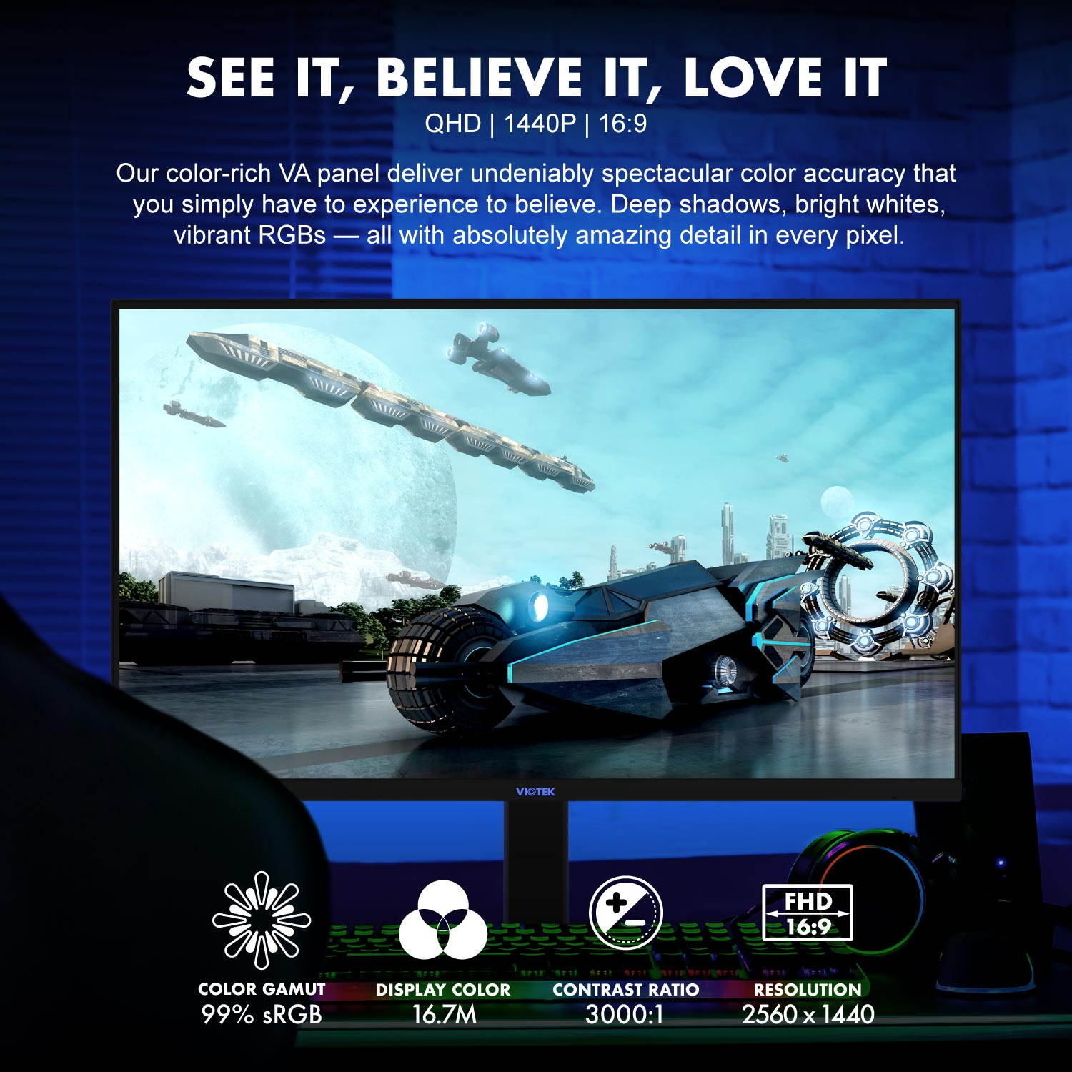 VIOTEK GFV27DAB 27" Gaming Monitor 144Hz 2560 x 1440 p (2K) 1ms Color-Rich, HDR-Ready VA Panel, FreeSync HDMI, DP, 3.5mm, Full-Motion Stand