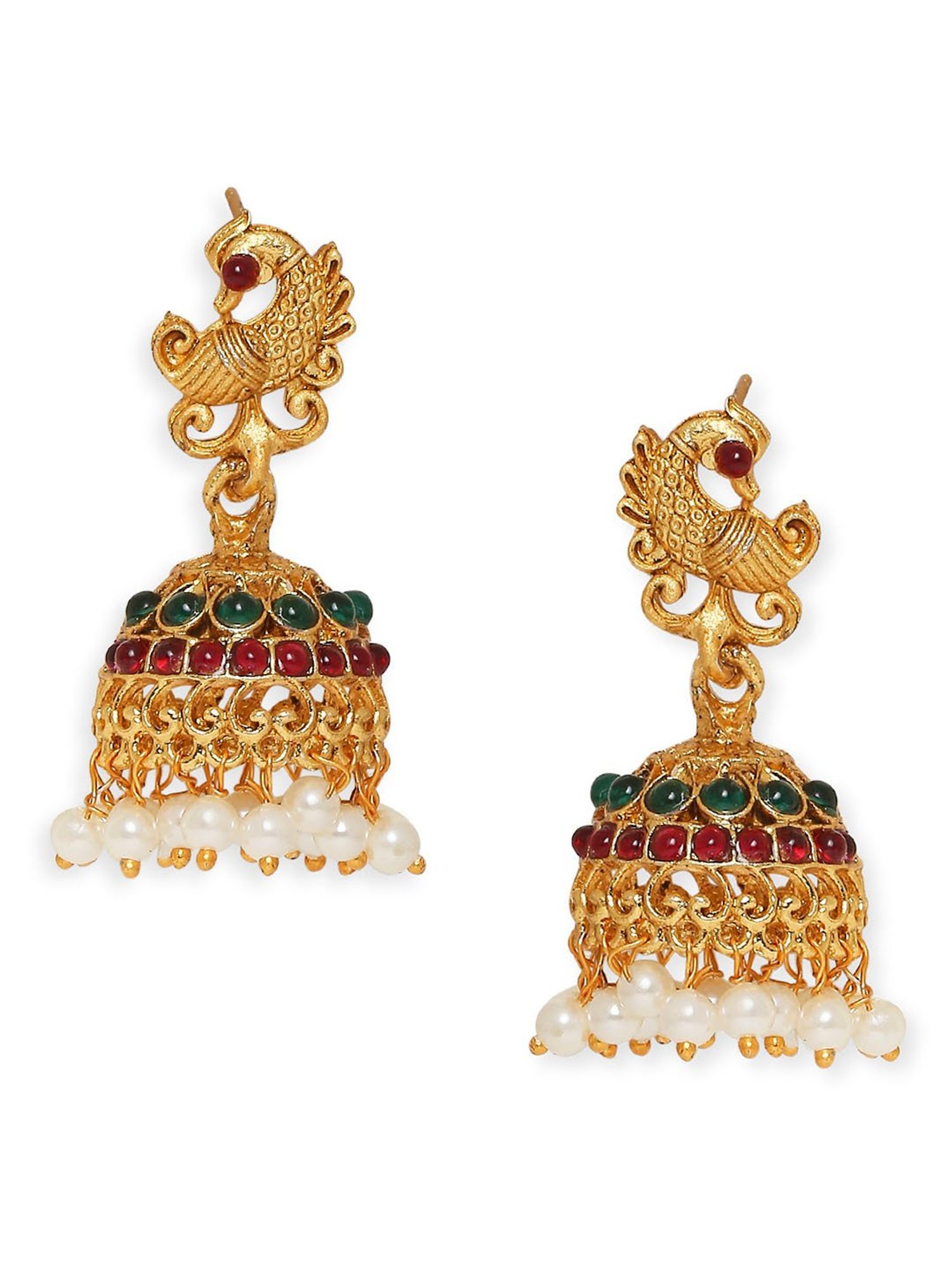 OOMPH Antique Gold Tone Red & Green Stone Peacock Choker Necklace Set with Drop Earrings