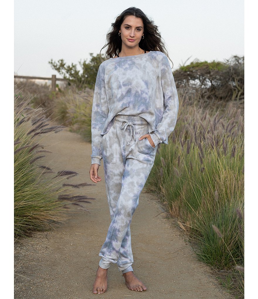 JALA Tie-Dye French Terry Cropped Coordinating Crew Neck Long Sleeve Lounge Top