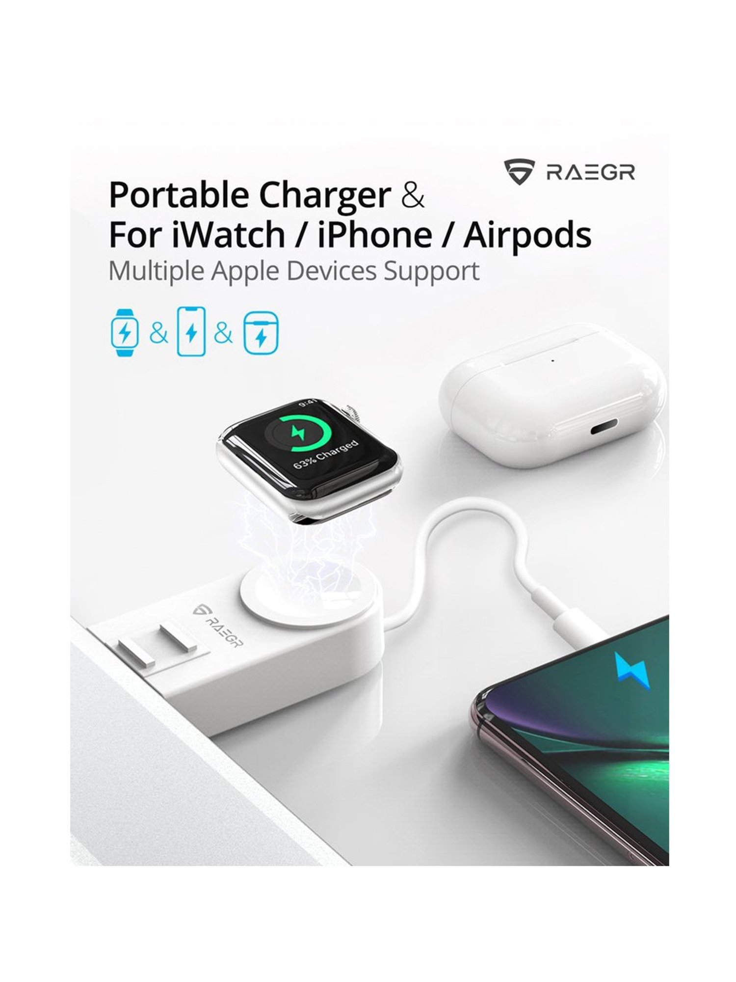 RAEGR Arc 450 Portable Apple Watch Wireless Charger with Apple Cable for AirPods & iPhones- (White)