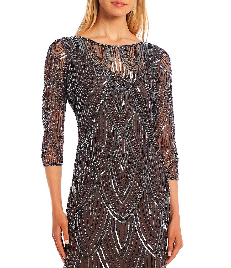 Pisarro Nights Long Sequin 3/4 Sleeve Round Neck Sheath Gown