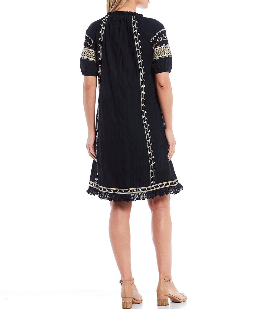 Reba Embroidered V-Neck Flounce Hem Puff Elbow Sleeve Cotton Crinkle Dress