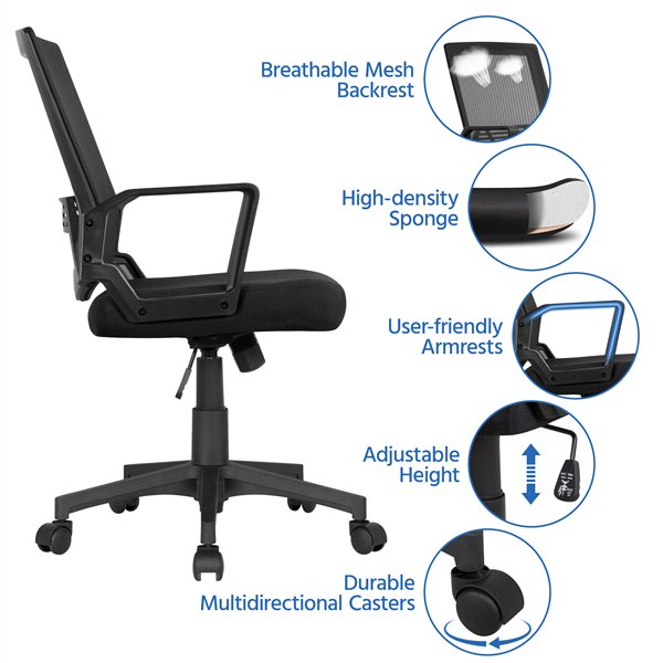 Height Adjustable Mesh Office Chair Computer Chair with 360&deg; Rolling Casters Black